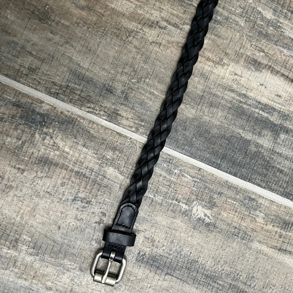 Braided Belt Women Large Black Genuine Leather Slim Woven Silver Buckle